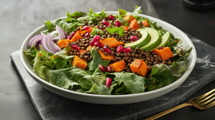 gourmet salad with mixed greens, avocado, roasted sweet potatoes, lentils, red onion, and pomegranate seeds, plated in a matte white ceramic bowl, moody lighting