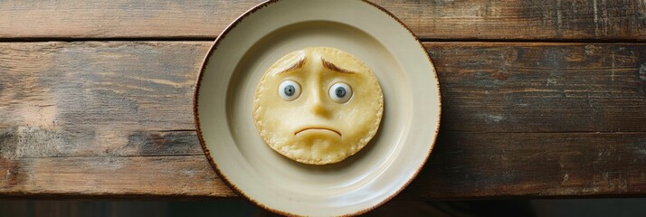 Sad looking ravioli on a rustic wooden table with oversized cartoon eyes and a frown expression. Generative AI
