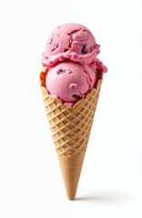 Isolated pink ice cream scoops in waffle cone. Sweet strawberry fruit dessert in wafer cup. Refreshing candy sugar treat. Milk gelato product on white background. Delicious summer snack.