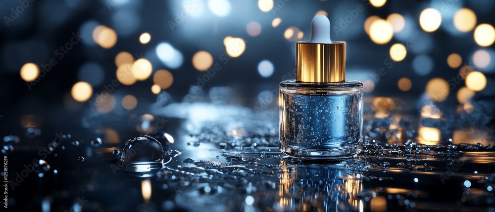 Poster close up of glass dropper bottle with golden cap, surrounded by shimmering droplets and soft bokeh l