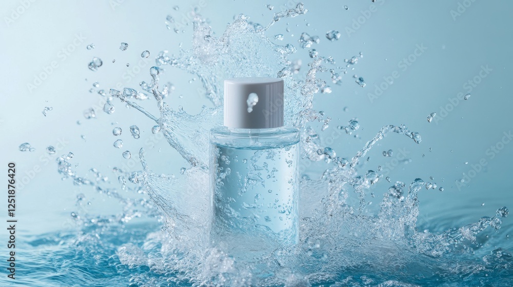 Poster clear bottle splashing in water, creating refreshing and dynamic scene.
