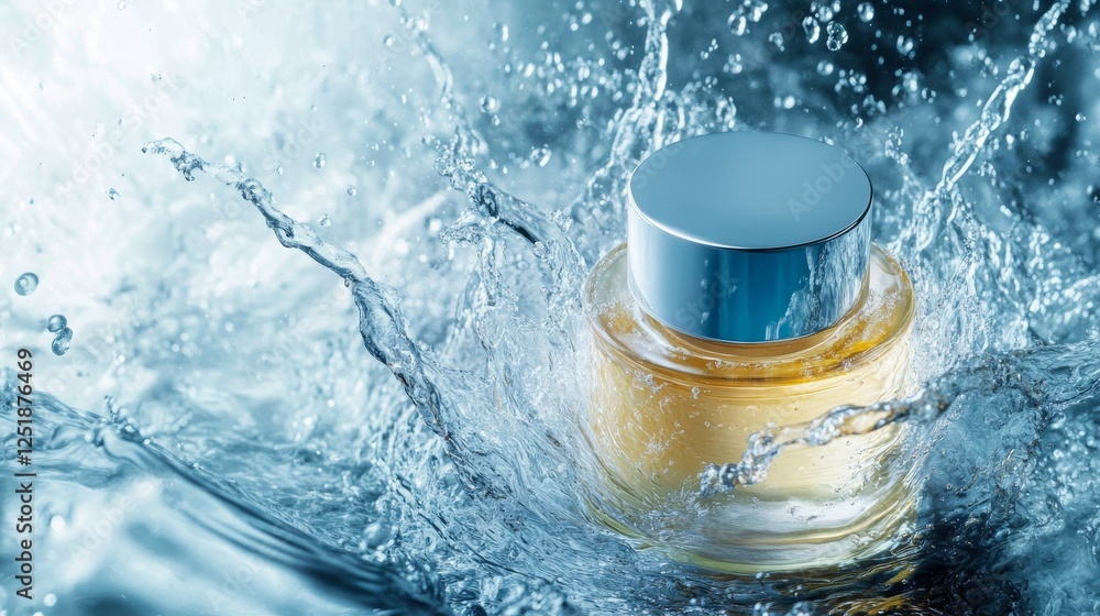 Poster perfume bottle splashes in water, creating refreshing and dynamic scene.