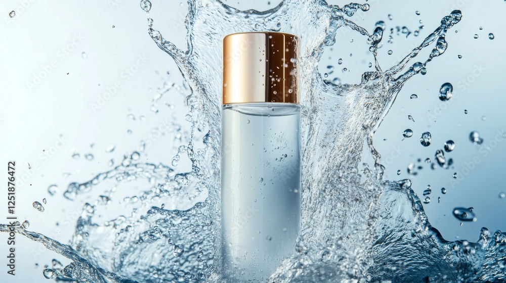 Poster clear bottle with gold cap splashing in water, creating refreshing effect.