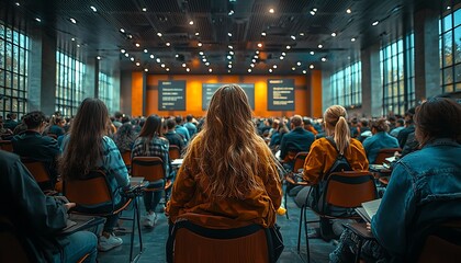 Audience engaged at a professional conference or event in a well-lit modern space