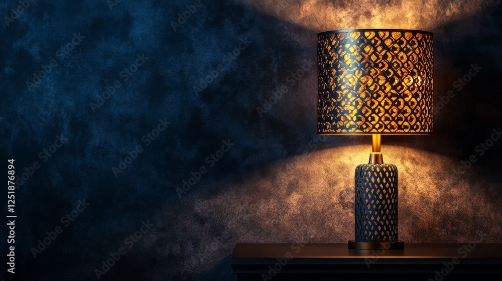 Poster stylish table lamp with patterned shade casts warm light against textured wall.