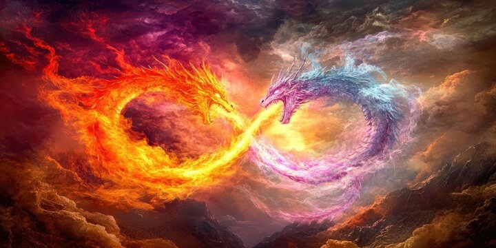 Fiery red and icy blue dragons in an infinity symbol with dramatic sky