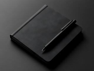 sleek black notebook with pen, perfect for notes and ideas.