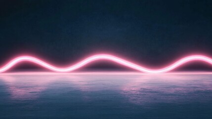 Abstract neon wave light pattern on a dark background reflecting on a smooth surface