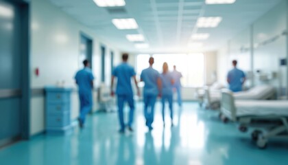 Blurred interior of clinic corridor doctors in blue motion. Hospital hallway suitable for medical, healthcare services. Defocused backdrop features beds, promoting assistance, innovation in hygiene