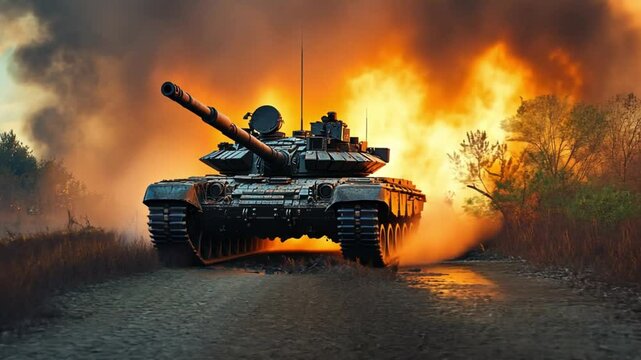 A battle tank moving forward in a warzone with fire and smoke