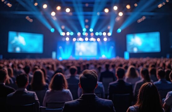 Large event audience sits front of stage with blue LED screens light decorations, seen from behind. People attention during conference, business meeting, show concert. Perfect crowd, silhouette