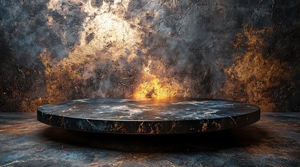 Black marble tabletop with striking dramatic lighting and a textured grunge backdrop