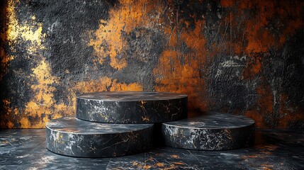 Black marble tabletop with striking dramatic lighting and a textured grunge backdrop