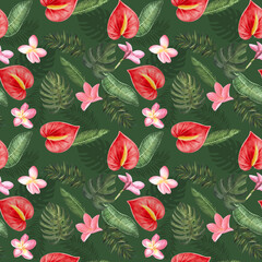 Seamless pattern with anthuriums, plumeria flowers and tropical leaves. Hand drawn watercolor . For decoration, wallpaper, digital paper, fabric, textile. Dark green background