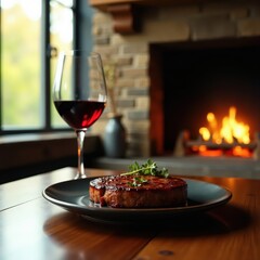 Glass of red wine and steak on a high table next to fireplace, centerpiece, mantel