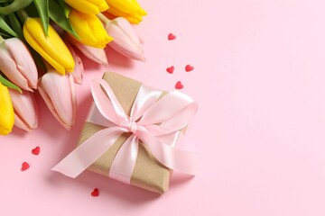 Beautiful fresh tulips with gift box on color background