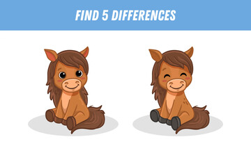 Find 5 differences between two pictures of cute cartoon horse isolated on white background. Funny animal in flat style. Activity page. Vector