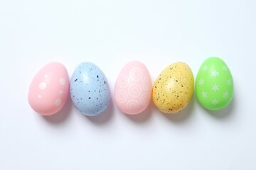 Happy Easter card. Easter eggs and decoration on white background, top view