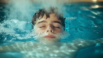 Boy Relaxing in a Pool, Eyes Closed, Surrounded by Bubbles and Steam, Calm Atmosphere