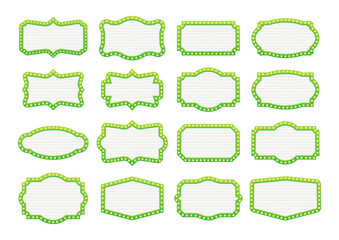 Green light bulbs frame sign collection illuminating white striped background © DG-Studio