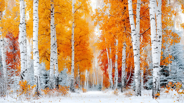 Snowy autumn birch forest path, winter wonderland scene, nature background, peaceful landscape