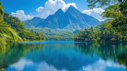 Tropical lake reflects mountains, lush jungle; tourism