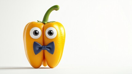 Yellow Capsicum with Bow Tie and Eyes on White Background