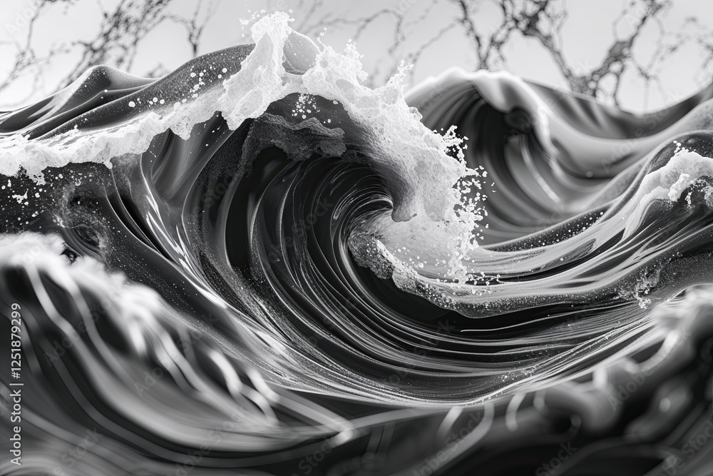 Poster dynamic monochrome abstract waves with grainy noise liquid texture and marble gradients