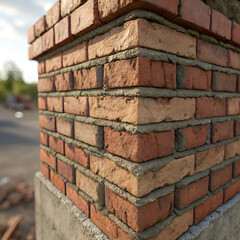 Fototapeta premium Close-up view of a brick corner construction showing detailed masonry work and texture 