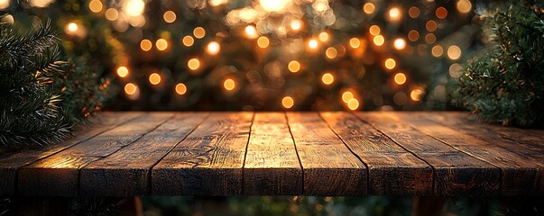 Blurred bokeh lights behind a rustic wooden table, evoking a cozy and warm restaurant ambiance