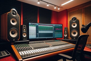 Fototapeta premium Innovative Sound Studio with Top-Tier Audio Mixing Technology and Studio-Quality Monitors for Pioneering Music Recording and Production