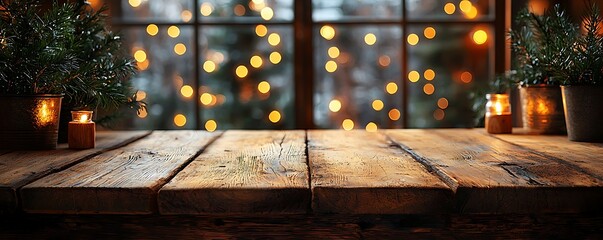 Blurred bokeh lights behind a rustic wooden table, evoking a cozy and warm restaurant ambiance