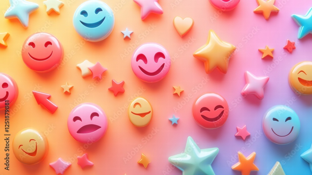 Aufkleber colorful collection of smiling emojis and shapes on a vibrant gradient background in a playful layou