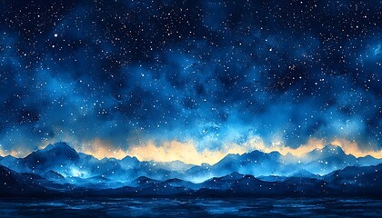 Blue watercolor background with abstract white dots resembling stars in a serene night sky
