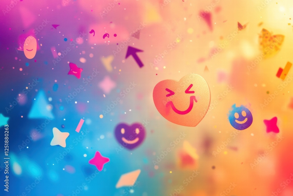 Poster colorful abstract background with smiling emojis and cheerful shapes creating a festive atmosphere. 
