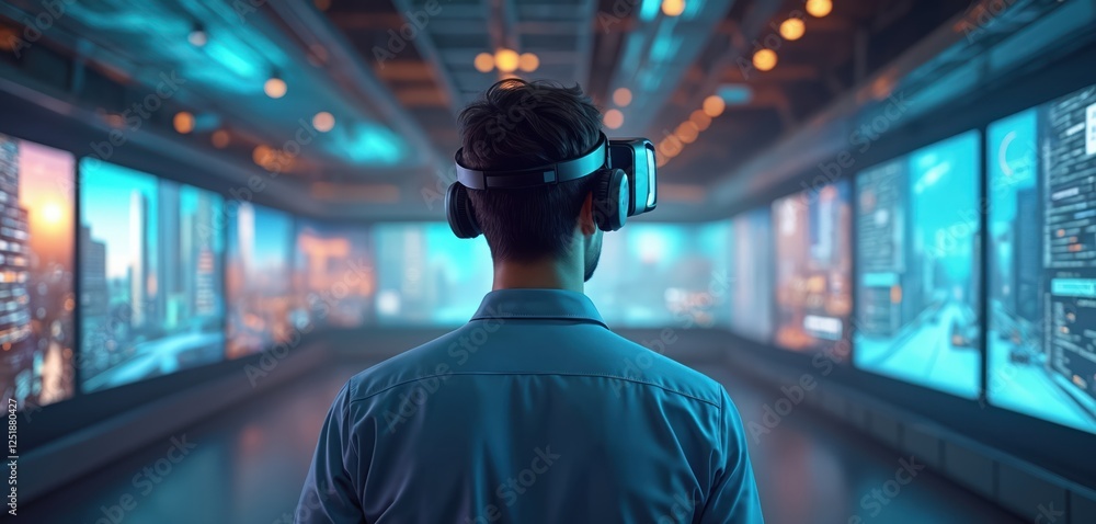 Poster man wearing virtual reality headset in futuristic environment. guy immersed in digital world with mu