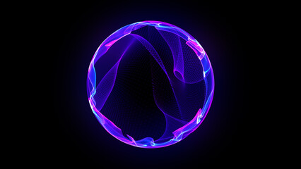 Neon glowing futuristic 3d sphere. Abstract purple and blue gradient sphere of vibrant particles and waves. Technology, innovations, and Artificial Intelligence. Virtual AI assistant.
