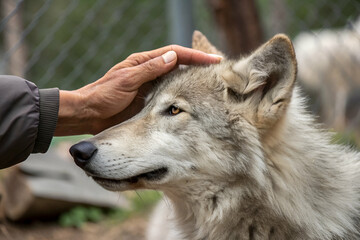 Fototapeta premium People and Wolf Interactions, A hand gently pets a wolf, showcasing a moment of connection between human and animal in a serene environment.