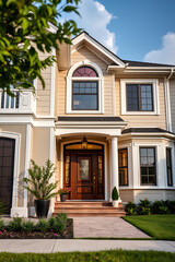 Fototapeta premium Luxury Home Exterior: Modern Architectural Design, Landscaping, and Classic Elegance. A dream home with a beautiful facade, entrance, and garden.