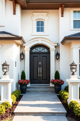 Naklejka premium Elegant Home Entrance with Modern Architecture and Landscaping. The perfect blend of classic and contemporary design, showcasing a luxurious exterior and inviting walkway.