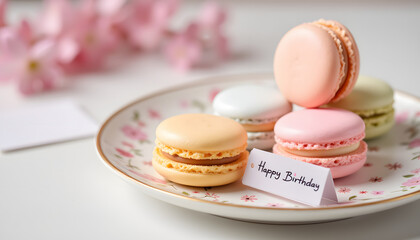 Obraz premium Colorful macarons on plate with birthday card and flowers