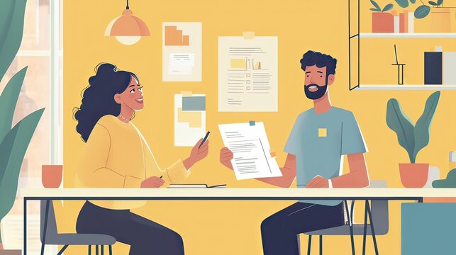 A mentor reviewing a menteea??s business plan, giving constructive feedback in a collaborative workspace.