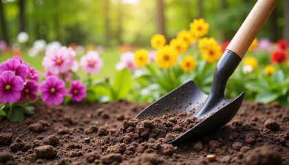 Shovel digging into soil among colorful flowers, gardening bliss