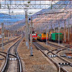 Railroad and trains with wagons. Train traffic. Transportation industry