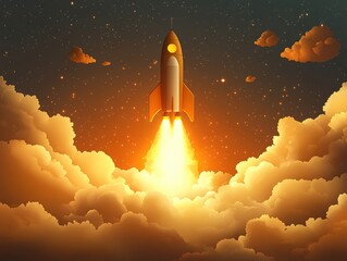 Naklejka premium A rocket launches into a starry sky, surrounded by vibrant clouds.