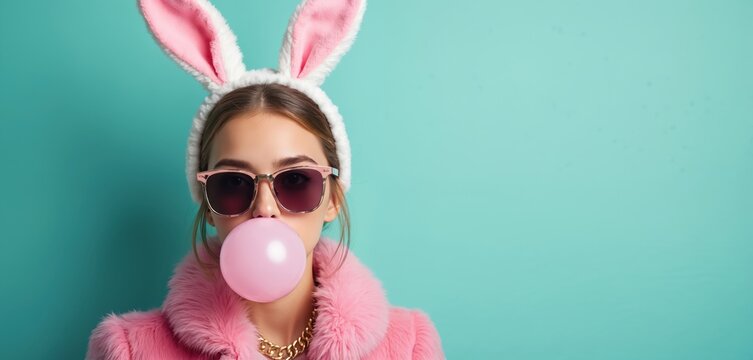 Stylish young woman with bunny ears blows bubble gum bubble on teal background. Easter holiday concept. Girl wears pink jacket, sunglasses, gold chain necklace, showing playful, quirky spring fashion