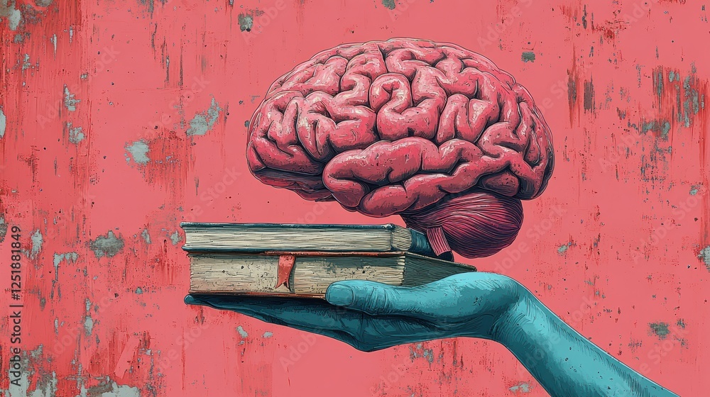 Poster a hand holding a book with a brain above it, symbolizing knowledge and intellect.