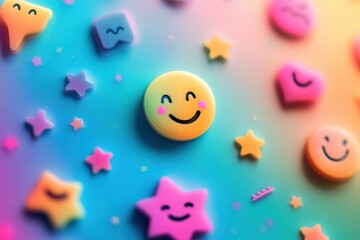 Colorful collection of smiling emojis and stars arranged on a vibrant background. Generative AI