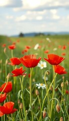 Obraz premium maki pi na czerwone polu kne flower maki meadow nature nature grass landscape image watercolor illustration artistic dyed paint colourful summer springtime flower petals field pansy flower maki