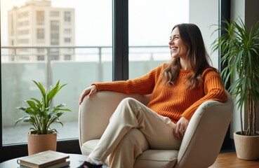 Smiling young woman relaxes in modern chair near window at apartment. She enjoys quiet time, wellbeing and breath fresh air. Lady feeling carefree, lounge chilling indoor. Positive mindset.